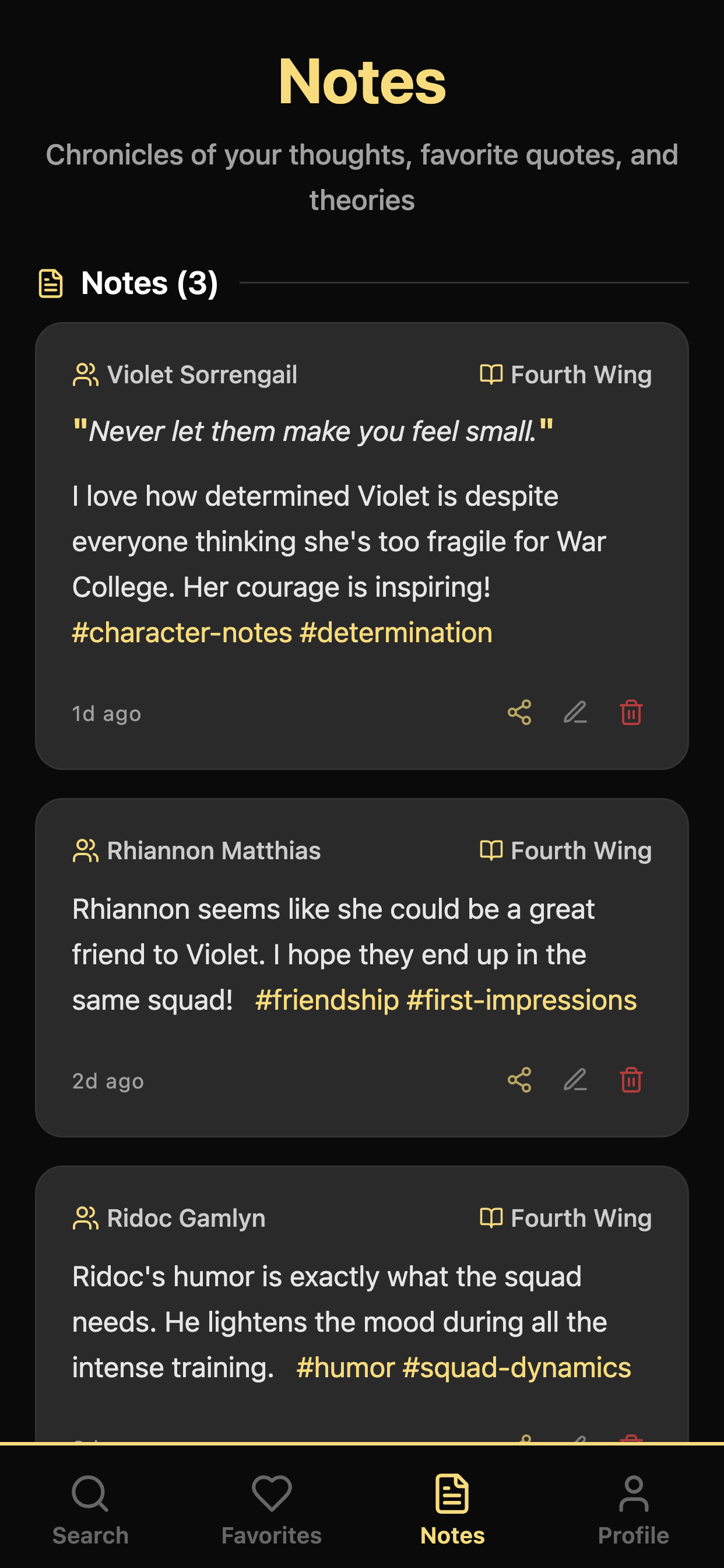 Personal notes with quotes and tags