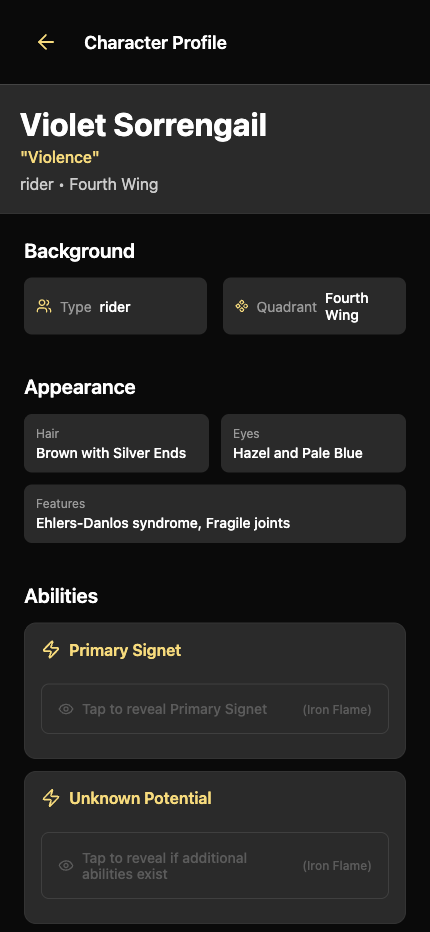 Character detail view with spoiler-safe information